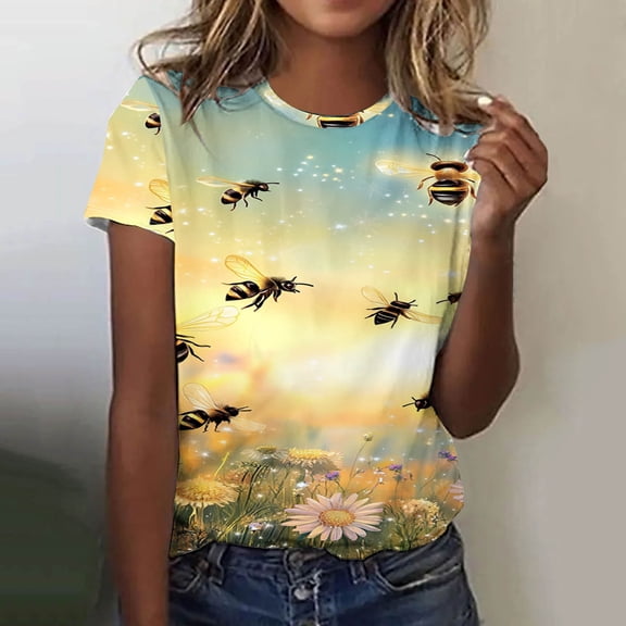 QUNYINEY Short Sleeve Women's T-Shirts Pullover Bee Casual Crew Neck Tops Loose Womens Tops