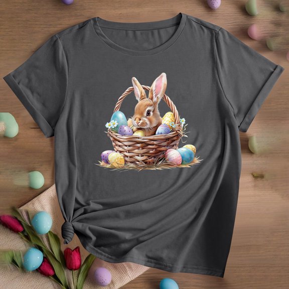 QUNYINEY Short Sleeve Women's T-Shirts Pullover Casual Crew Neck Easter Tops Loose Summer Tops for Women