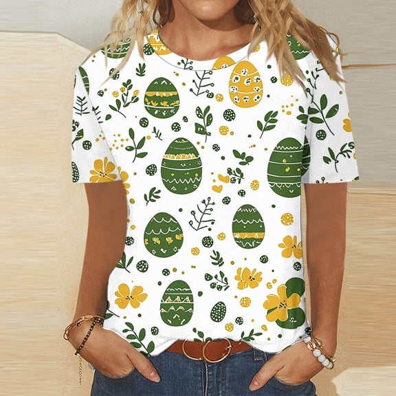 QUNYINEY Short Sleeve Women's T-Shirts Pullover Casual Easter Crew Neck Tops Loose Summer Tops for Women