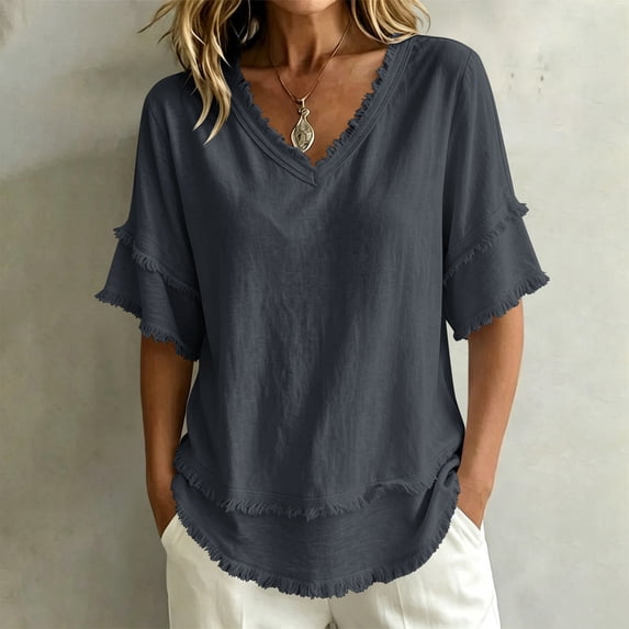 QUNYINEY Short Sleeve Women's T-Shirts Summer Cotton Linen Tassel Tops Casual Loose Fit Pullover Solid V Neck Shirts