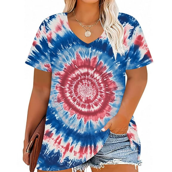 QUNYINEY Short Sleeve Women's T Shirts Tie Dye Casual V Neck Tops Going Out Plus Size Pullover Loose Shirts
