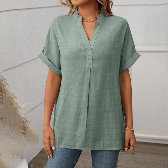 QUNYINEY Short Sleeve Women's Tops Casual Solid V Neck Shirts Hem Slit Pullover Loose Tops