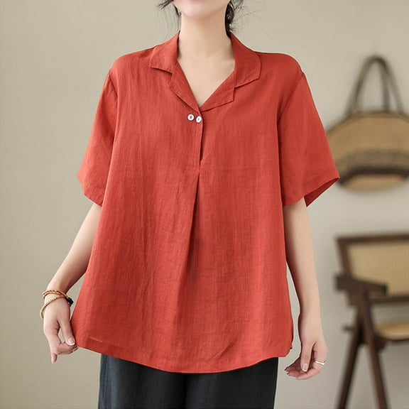 QUNYINEY Short Sleeve Women's Tops Collared Casual Solid Shirts Cotton Linen Button Loose Pullover Shirts for Women