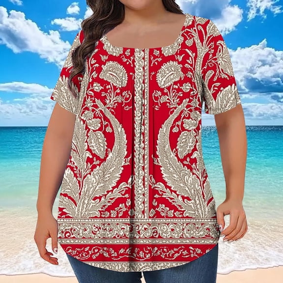 QUNYINEY Short Sleeve Women's Tops Vintage Casual Square Neck Shirts Pleated Loose Plus Size Pullover Women Shirts