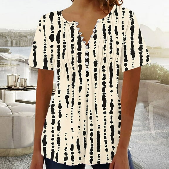 QUNYINEY Short Sleeve Womens Blouses Dressy Casual V Neck Casual Vintage Tops Pullover Pleated Loose Button Women Tops