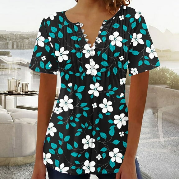 QUNYINEY Short Sleeve Womens Blouses V Neck Casual Floral Tops Pleated Pullover Loose Button Blouses