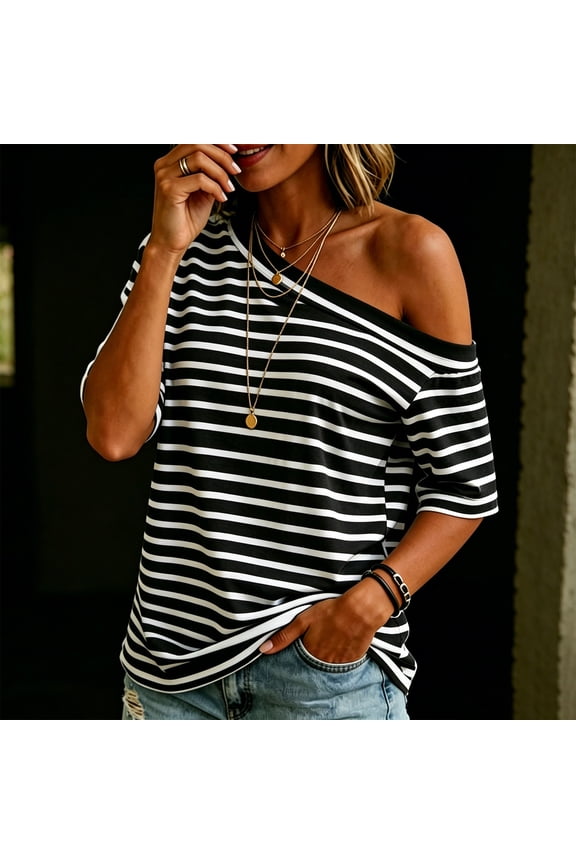 Short Sleeve Womens Casual Summer Tops One Shoulder Striped Shirt Loose Fit Pullover Tops