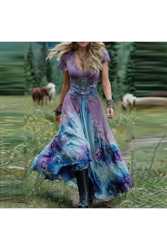 Short Sleeve Womens Dresses A-Line Boho Maxi Dresses V-Neck Flowy Loose Fit Summer Dresses