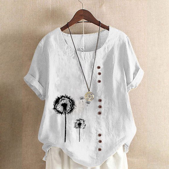 QUNYINEY Short Sleeve Womens Shirts Casual Dandelion Crew Neck Tops Loose Button Linen Pullover Shirts