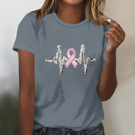 QUNYINEY Short Sleeve Womens Shirts Casual Soft Breast Cancer Awareness Tops Crew Neck Loose Pullover Graphic Tees