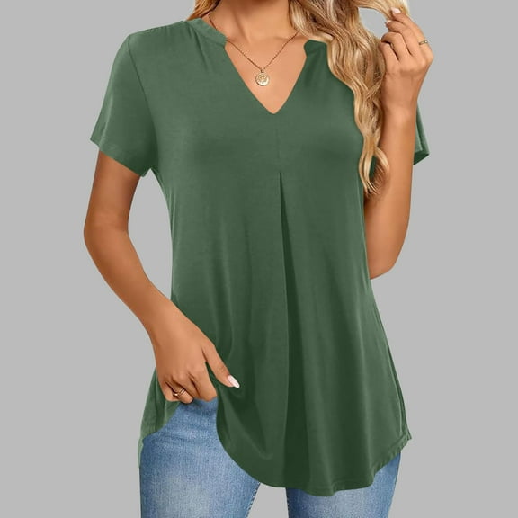 QUNYINEY Short Sleeve Womens Shirts Casual Solid V Neck Tops Loose Pleated Pullover Shirts
