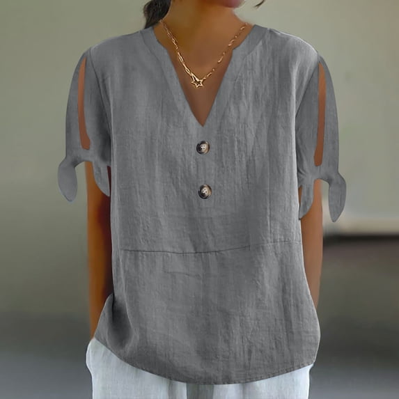 QUNYINEY Short Sleeve Womens Shirts Casual V Neck Solid Tops Cut Out Pullover Loose Cotton Linen Women Tops