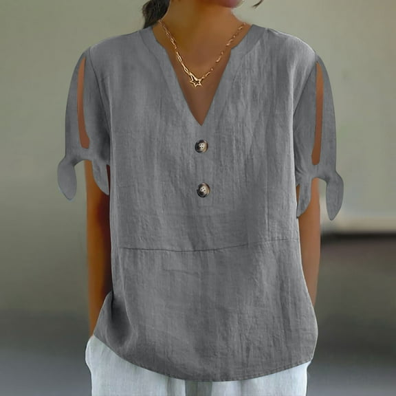 QUNYINEY Short Sleeve Womens Shirts Casual V Neck Solid Tops Cut Out Pullover Loose Cotton Linen Women Tops