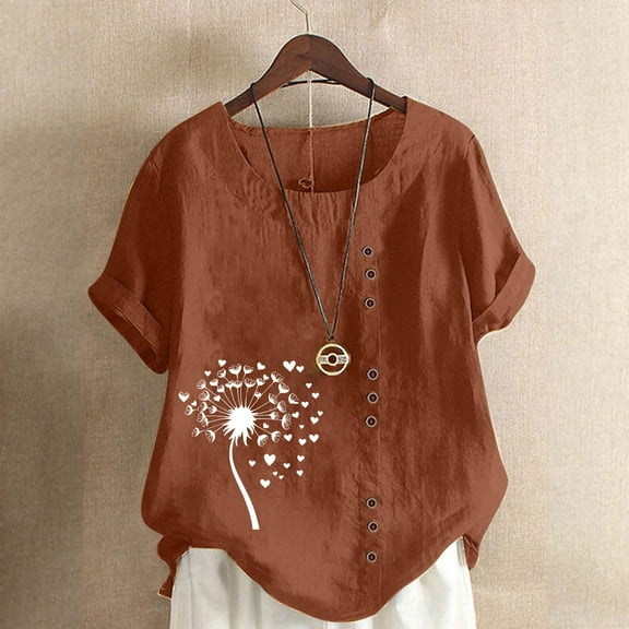 QUNYINEY Short Sleeve Womens Shirts Crew Neck Casual Pullover Dandelion Tops Linen Button Loose Spring Tops for Women