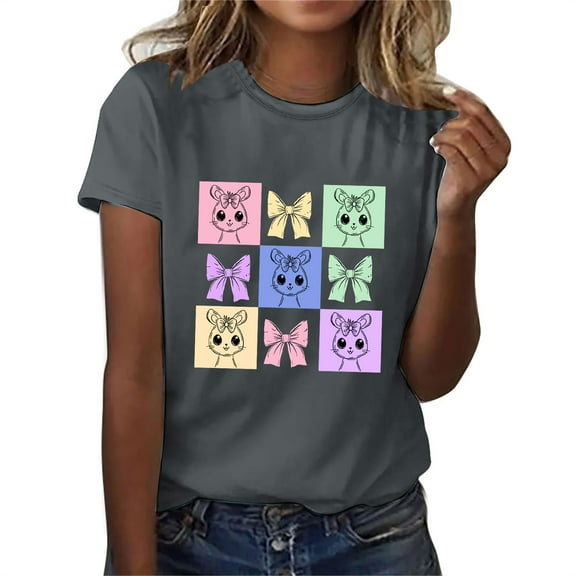 QUNYINEY Short Sleeve Womens Shirts Crew Neck Pullover Easter Casual Tops Loose Funny Summer Tops for Women