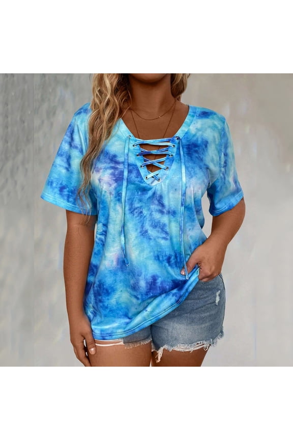 Short Sleeve Womens Shirts Plus Size Casual Tie Dye Tops Drawstring V Neck Pullover Loose Graphic Tees