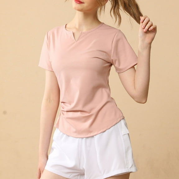 QUNYINEY Short Sleeve Womens Shirts Pullover Casual Solid V Neck Tops Breathable Loose Workout Womens Summer Tops