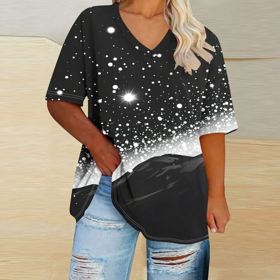 QUNYINEY Short Sleeve Womens Shirts Starry Sky V Neck Casual Pullover Tops Plus Size Loose Summer Tops for Women
