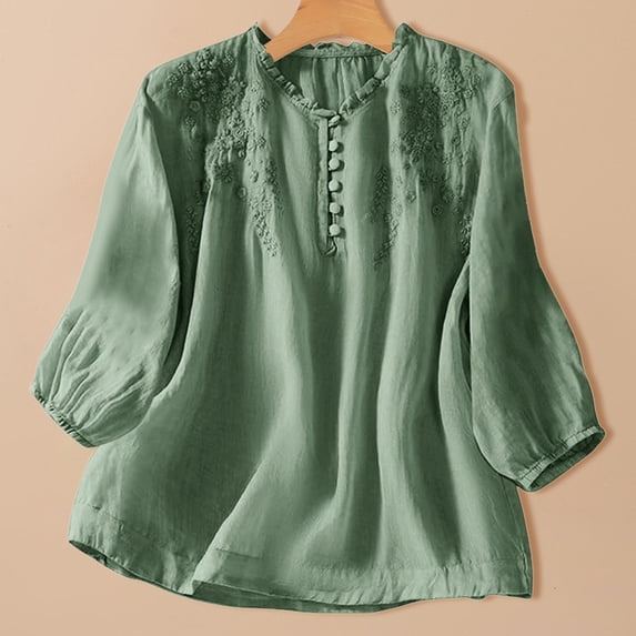 QUNYINEY Short Sleeve Womens Shirts Summer Solid Cotton Linen Graphic Tees V Neck Embroidered Loose Fit Button Pullover Womens Tops Trendy