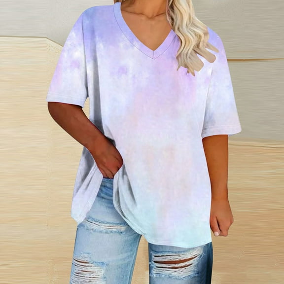 QUNYINEY Short Sleeve Womens Shirts V Neck Pullover Tie Dye Casual Tops Loose Plus Size Tops for Women