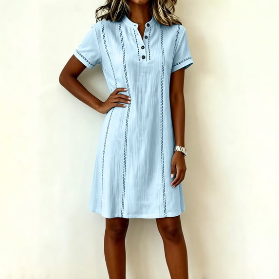 QUNYINEY Short Sleeve Womens Summer Casual Dresses Blue Mini Faux Cotton Linen A Line Dress Loose Fit V Neck Button Dresses