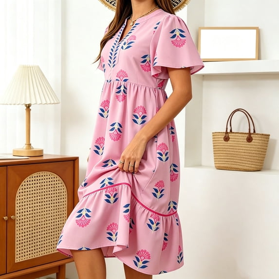 QUNYINEY Short Sleeve Womens Summer Dresses A Line Midi Floral Sundress Flowy Loose Fit Casual V Neck Ruffle Dresses