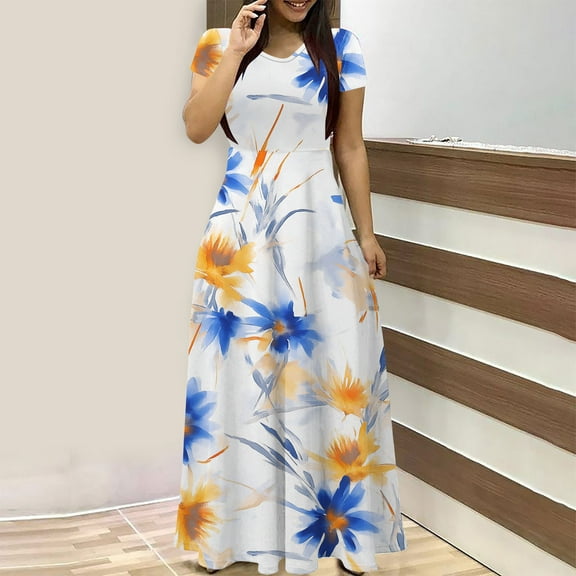 QUNYINEY Short Sleeve Womens Summer Dresses Floral Casual A-Line Dress Crew Neck Empire Waist Flowy Maxi Sundress