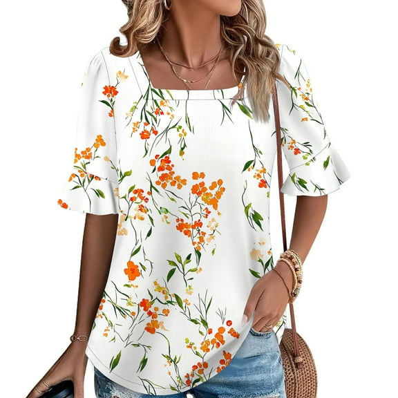 QUNYINEY Short Sleeve Womens Summer Tops Casual Floral Square Neck Shirts Loose Pullover Women's Shirts