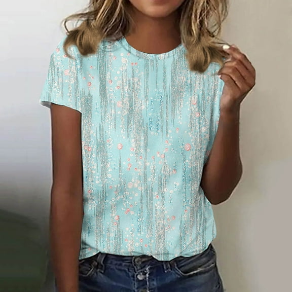 QUNYINEY Short Sleeve Womens T Shirts Casual Crew Neck Boho Tops Loose Pullover Shirts