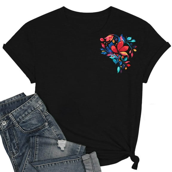 QUNYINEY Short Sleeve Womens T Shirts Casual Floral Crew Neck Tops Pullover Loose Women's Tops