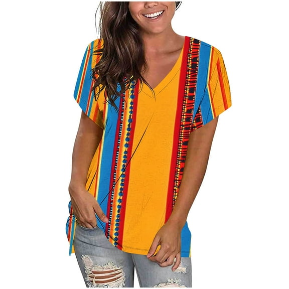 QUNYINEY Short Sleeve Womens T Shirts Casual Vintage V Neck Tops Loose Pullover Women's Tops