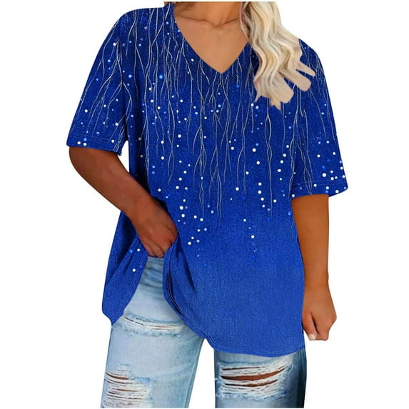QUNYINEY Short Sleeve Womens T Shirts V Neck Gradient Casual Tops Plus Size Pullover Loose Shirts Women Tops