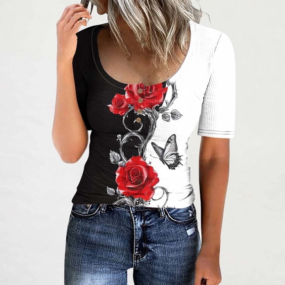 QUNYINEY Short Sleeve Womens Tops Black Floral Crew Neck Casual Shirts Ribbed Loose Button Women Shirts
