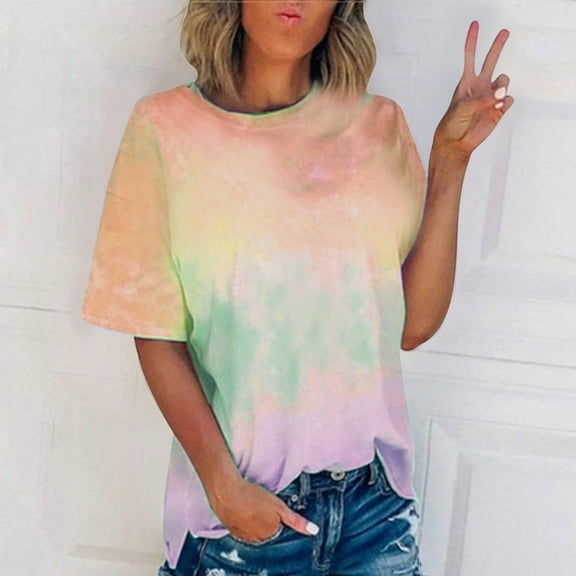 QUNYINEY Short Sleeve Womens Tops Casual Crew Neck Pullover Gradient Tops Loose Women Tops