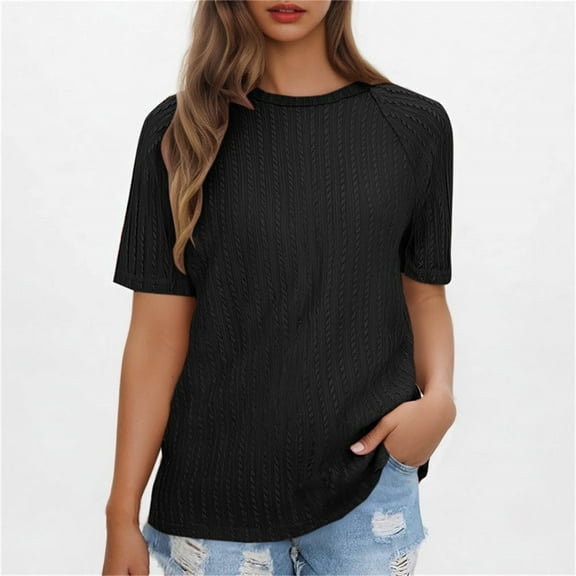 QUNYINEY Short Sleeve Womens Tops Casual Crew Neck Solid Pullover Shirts Ribbed Loose Summer Shirts for Women