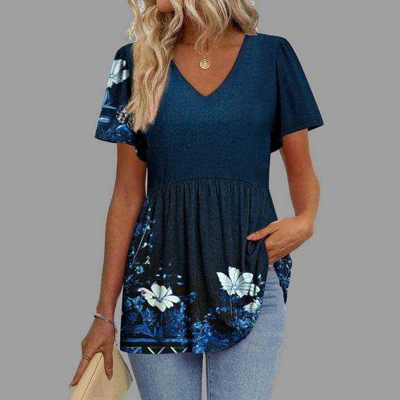 QUNYINEY Short Sleeve Womens Tops Casual Floral V Neck Shirts Loose Peplum Tops