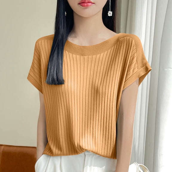 QUNYINEY Short Sleeve Womens Tops Solid Pullover Crew Neck Casual Shirts Ribbed Knit Loose Summer Shirts for Women