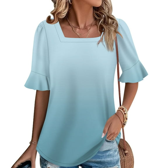 QUNYINEY Short Sleeve Womens Tops Square Neck Casual Gradient Shirts Summer Loose Pullover Womens Shirts