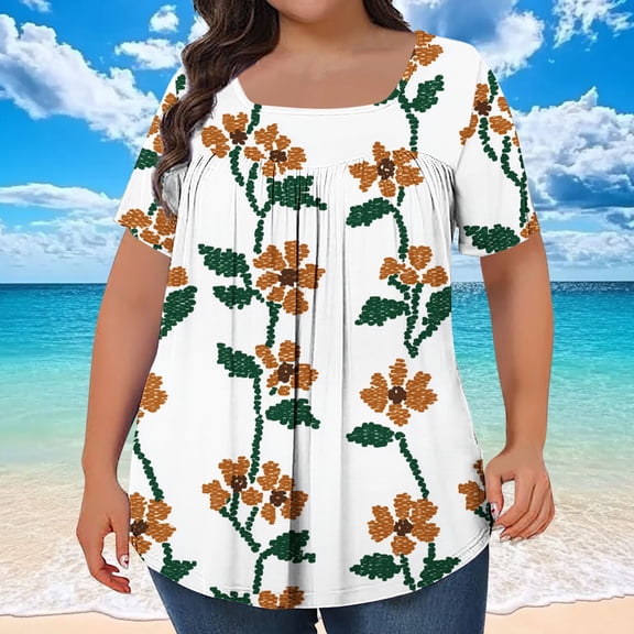QUNYINEY Short Sleeve Womens Tops Trendy Square Neck Casual Floral Shirts Pullover Pleated Plus Size Loose Women's Shirts