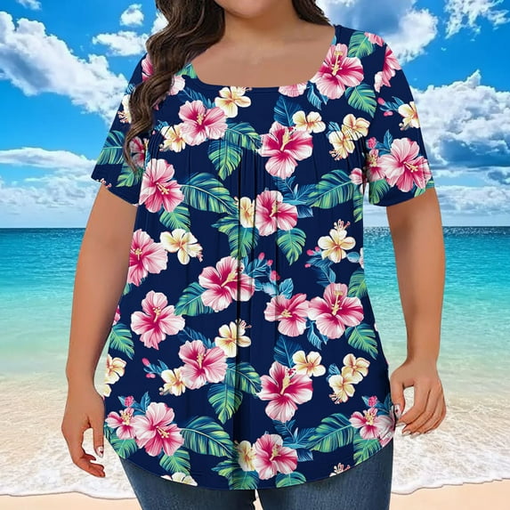 QUNYINEY Short Sleeve Womens Tops Trendy Square Neck Hawaiian Casual Shirts Pullover Loose Pleated Plus Size Women Shirts