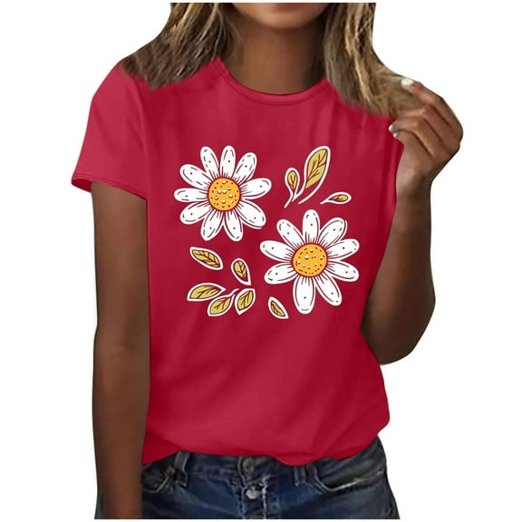 QUNYINEY Short Sleeve Womens Tshirts Crew Neck Floral Casual Tops Going Out Pullover Loose Shirts
