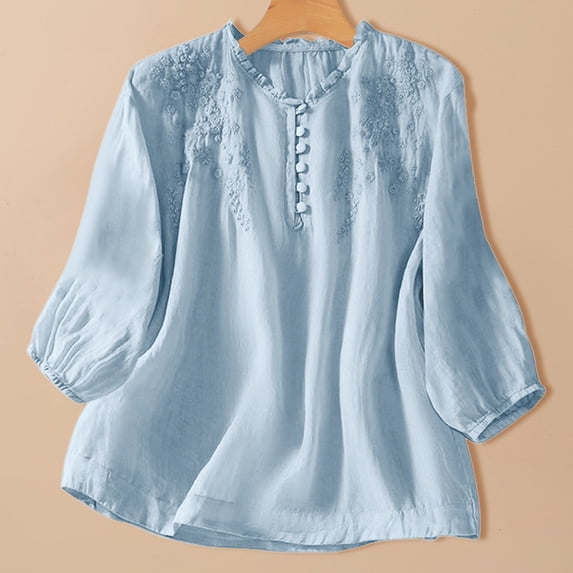 QUNYINEY Short Sleeve Womens Tshirts Summer Blue Cotton Linen Graphic Tees Pullover Embroidered Button V Neck Loose Fit Womens Tops Trendy