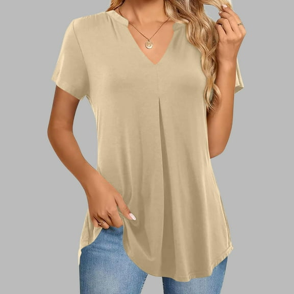 QUNYINEY Short Sleeve Womens Tshirts V Neck Casual Solid Tops Loose Pleated Pullover Shirts