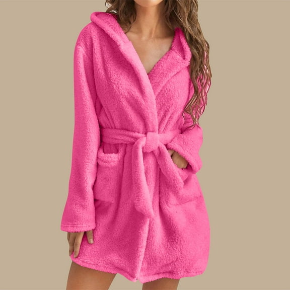 QUNYINEY Short Women Robe Bathrobe Fleece Pink Solid Loungewear Heavyweight with Pocket Shawl Collar Warm Long Sleeve Belt Sleepwear