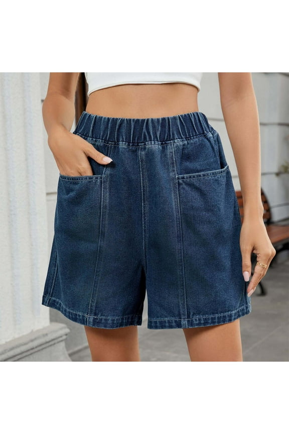 Shorts for Women Solid Casual Elastic Waist High Waist Bermuda Denim Shorts Summer Loose with Pockets Womens Jean Shorts