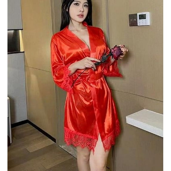 QUNYINEY Silk Women Robe Short Solid Bathrobe Red Kimono Lightweight V Neck Lace 3/4 Sleeves Tie Sleepwear