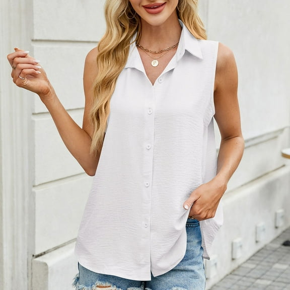 QUNYINEY Sleeveless Button Down Shirts for Women Casual Collared Solid Tank Tops Loose Shirts