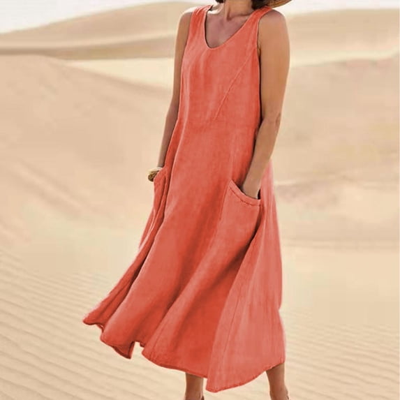 QUNYINEY Sleeveless Dresses for Women 2025 Casual Solid A-Line Dress with Pockets Flowy V Neck Midi Sundress