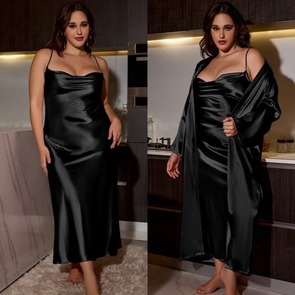 QUNYINEY Sleeveless Moo Moos for Women Nightgown Plus Size Black Satin 2 Piece Sleepwear Crew Neck Long with Smock Women Sleepwear