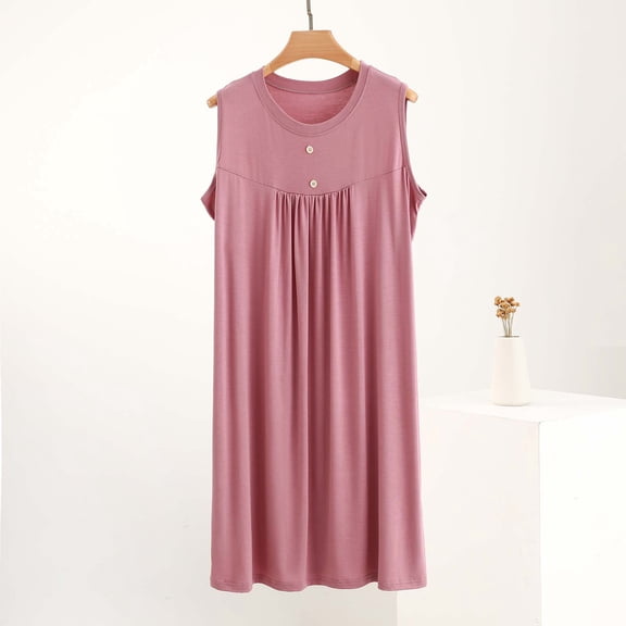 QUNYINEY Sleeveless Nightgowns for Women Button Modal Purple Loungewear Crew Neck Long Pleated Women Sleepwear